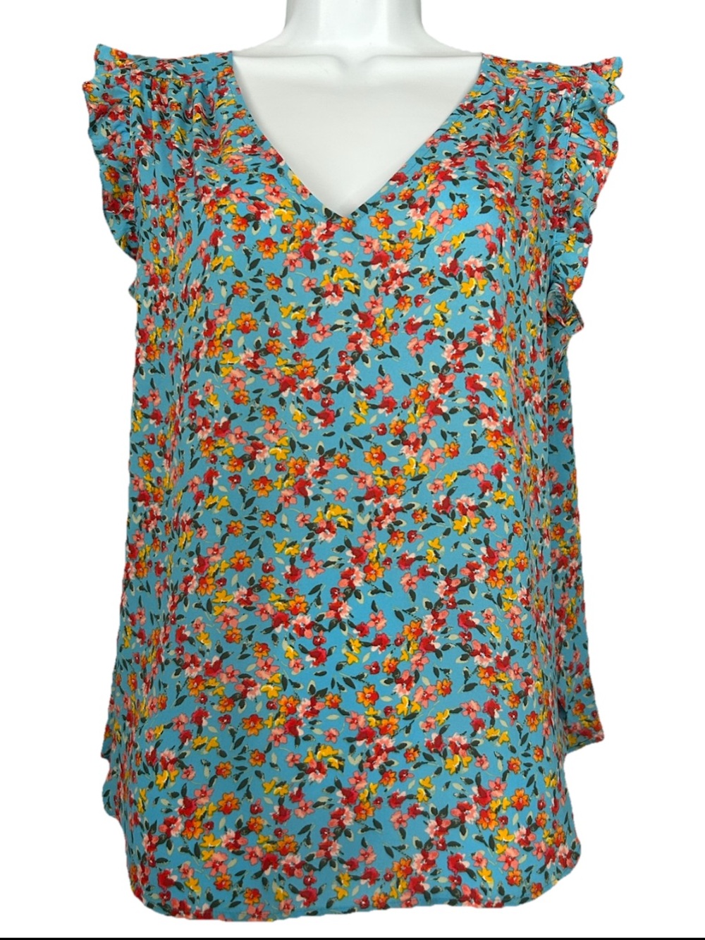 Loft Blue Floral Flutter Sleeves Cut Out Back Lightweight V Neck Top Size Medium